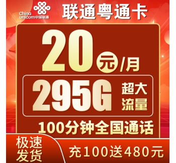 联通粤通卡20元295G+100分钟